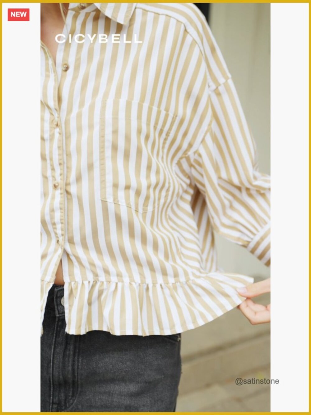 Cropped Striped Button Down Shirt with 3/4 Sleeve Ruffle Hem - Picture 6 of 6
